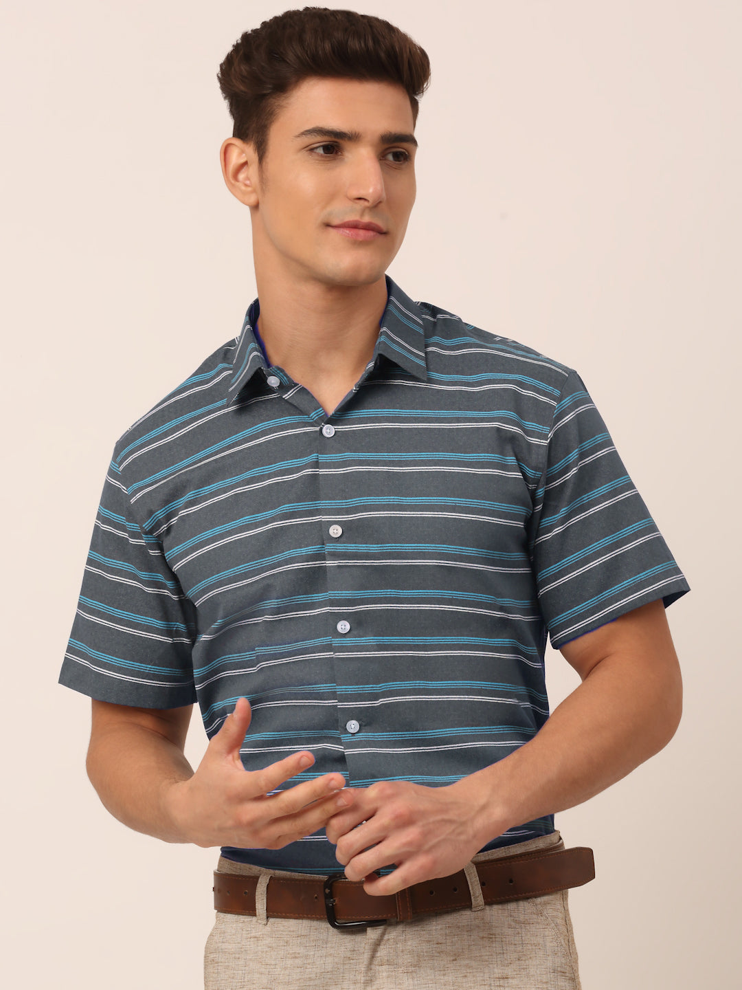 Indian Needle Men's Cotton Striped Half Sleeve Formal Shirts ( SF 816Grey )