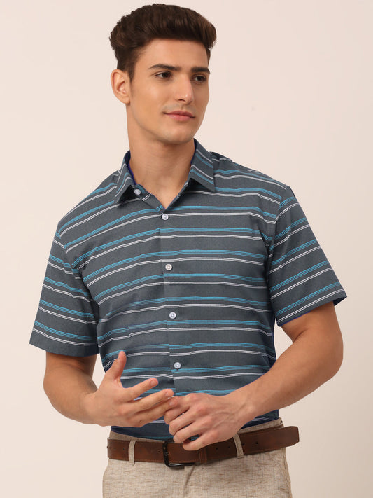 Indian Needle Men's Cotton Striped Half Sleeve Formal Shirts ( SF 816Grey )