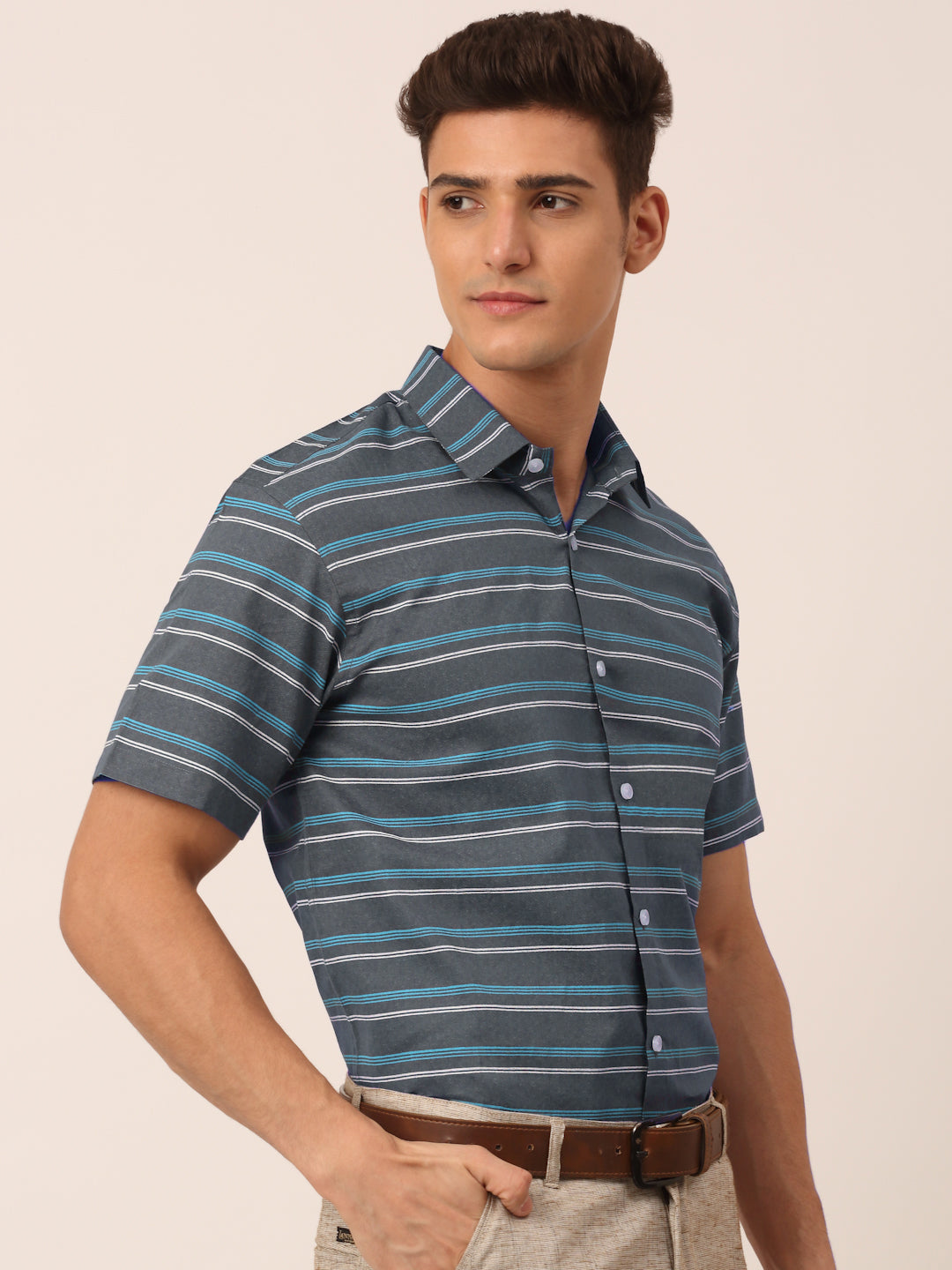 Indian Needle Men's Cotton Striped Half Sleeve Formal Shirts ( SF 816Grey )
