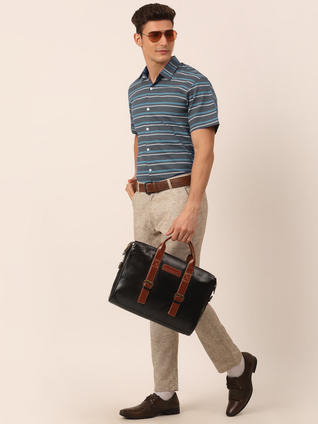 Indian Needle Men's Cotton Striped Half Sleeve Formal Shirts ( SF 816Grey )