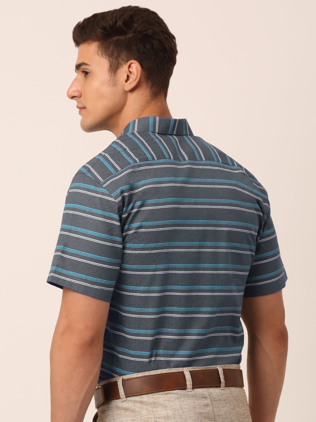 Indian Needle Men's Cotton Striped Half Sleeve Formal Shirts ( SF 816Grey )