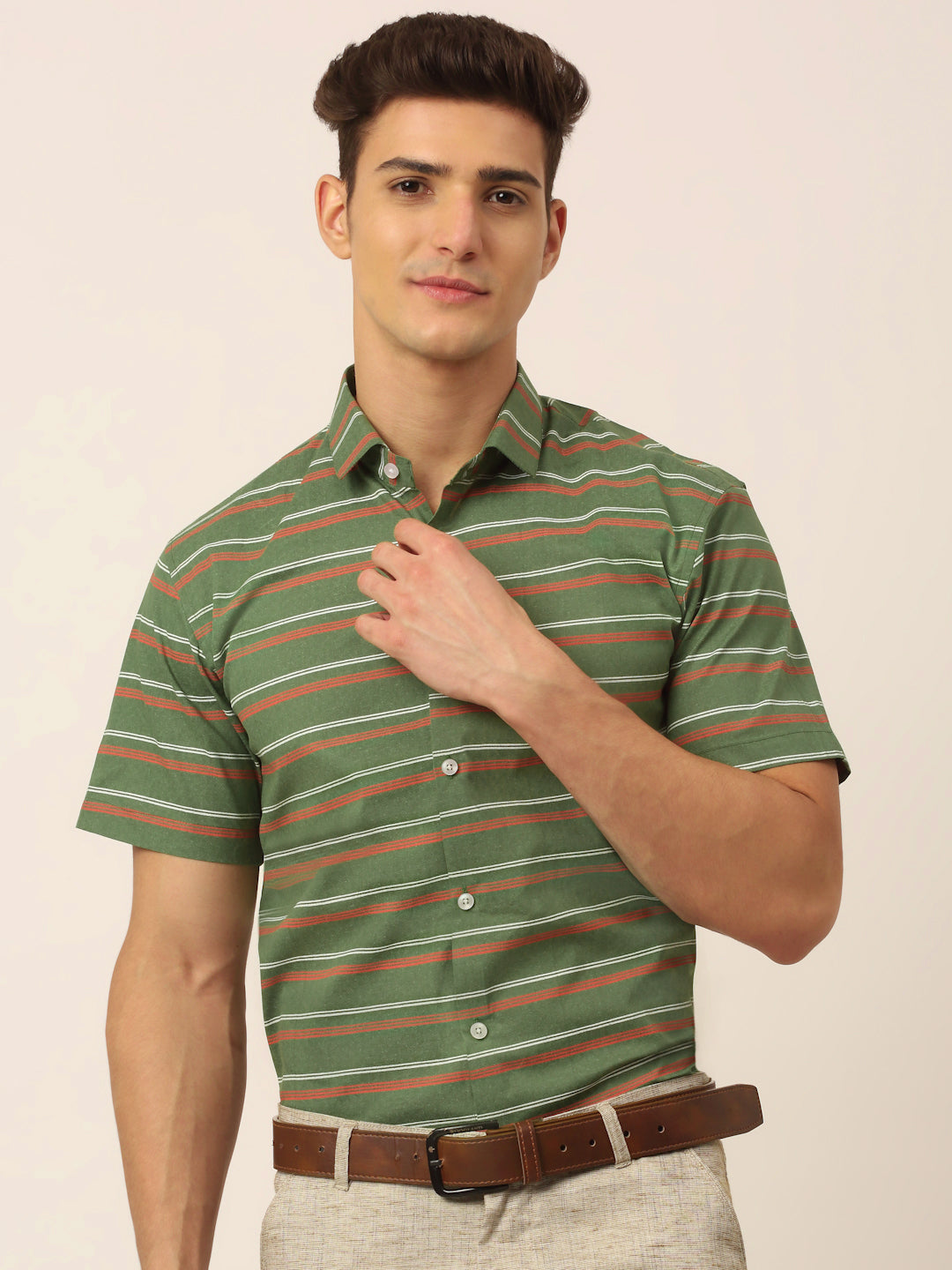 Indian Needle Men's Cotton Striped Half Sleeve Formal Shirts ( SF 816Olive )