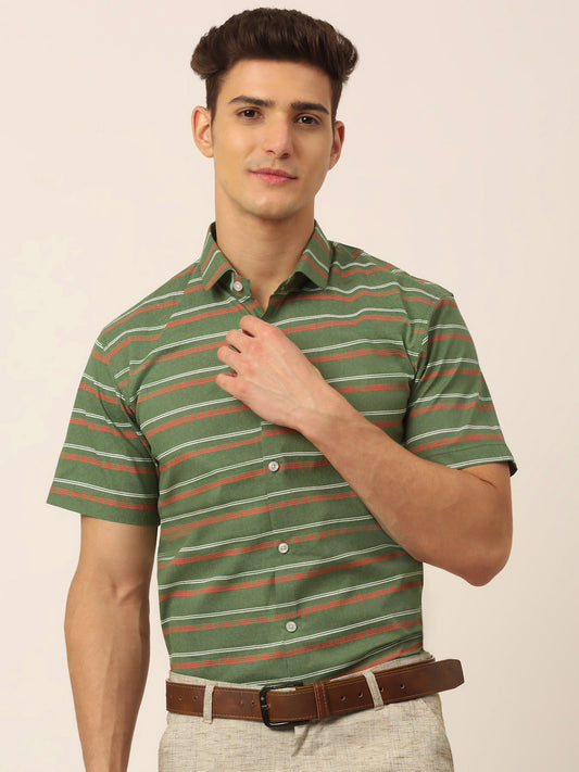 Indian Needle Men's Cotton Striped Half Sleeve Formal Shirts ( SF 816Olive )
