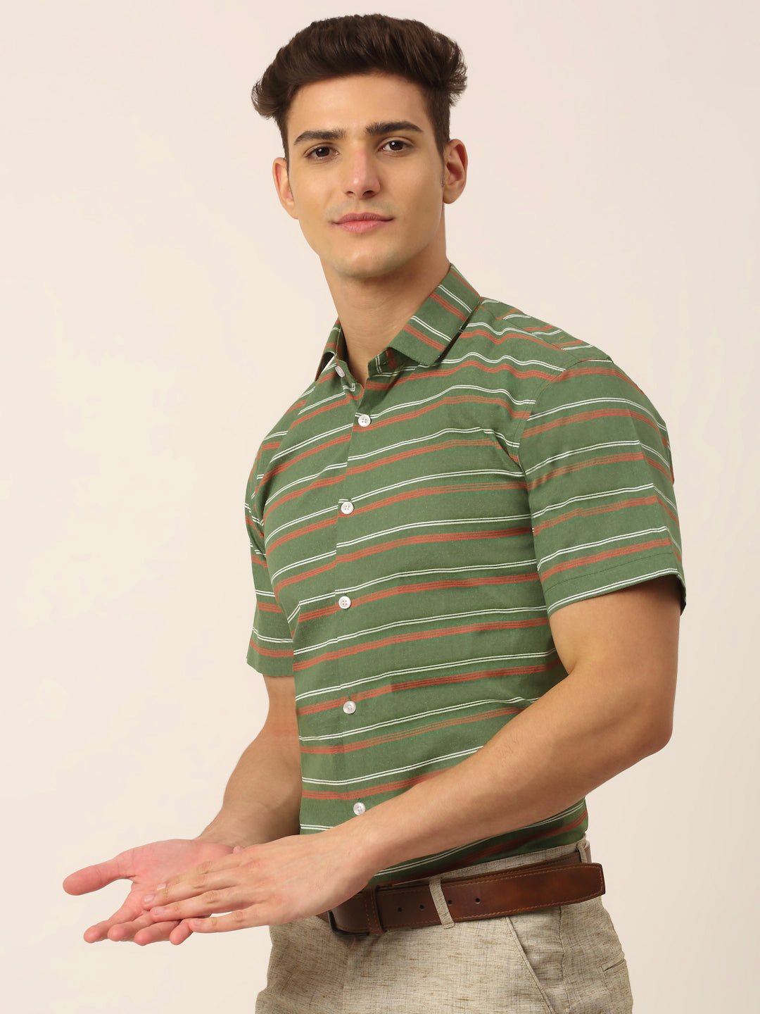Indian Needle Men's Cotton Striped Half Sleeve Formal Shirts ( SF 816Olive )