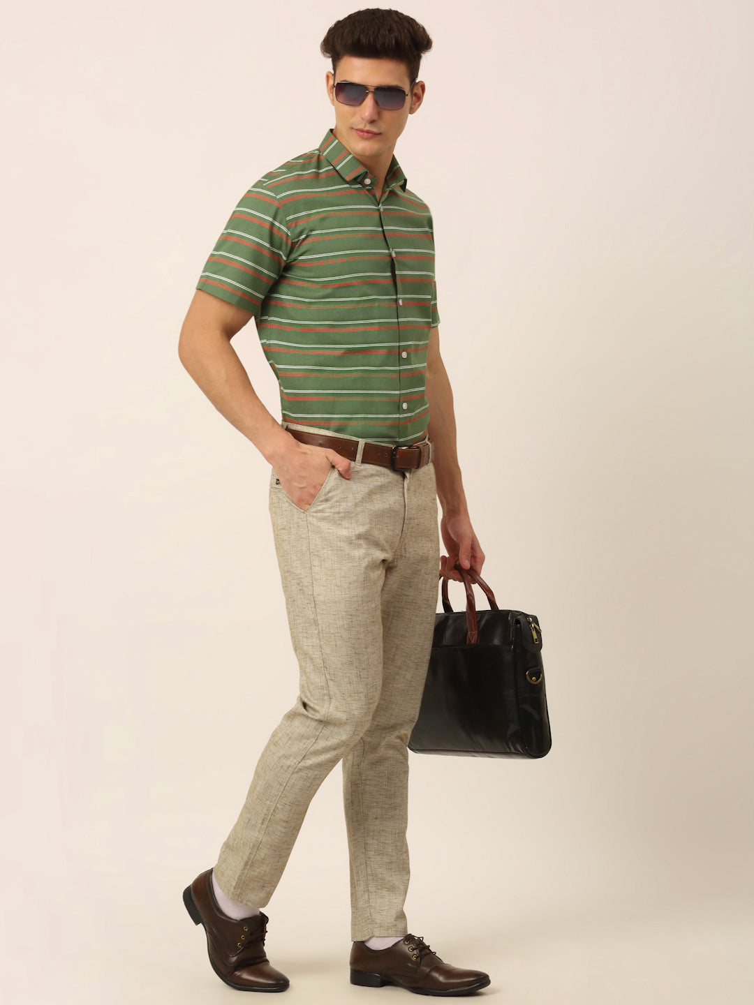 Indian Needle Men's Cotton Striped Half Sleeve Formal Shirts ( SF 816Olive )