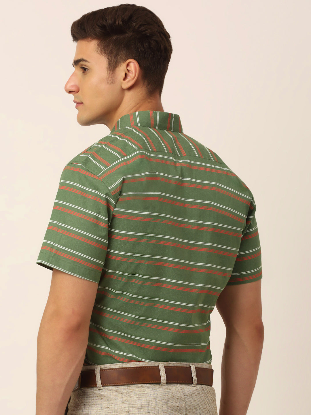 Indian Needle Men's Cotton Striped Half Sleeve Formal Shirts ( SF 816Olive )
