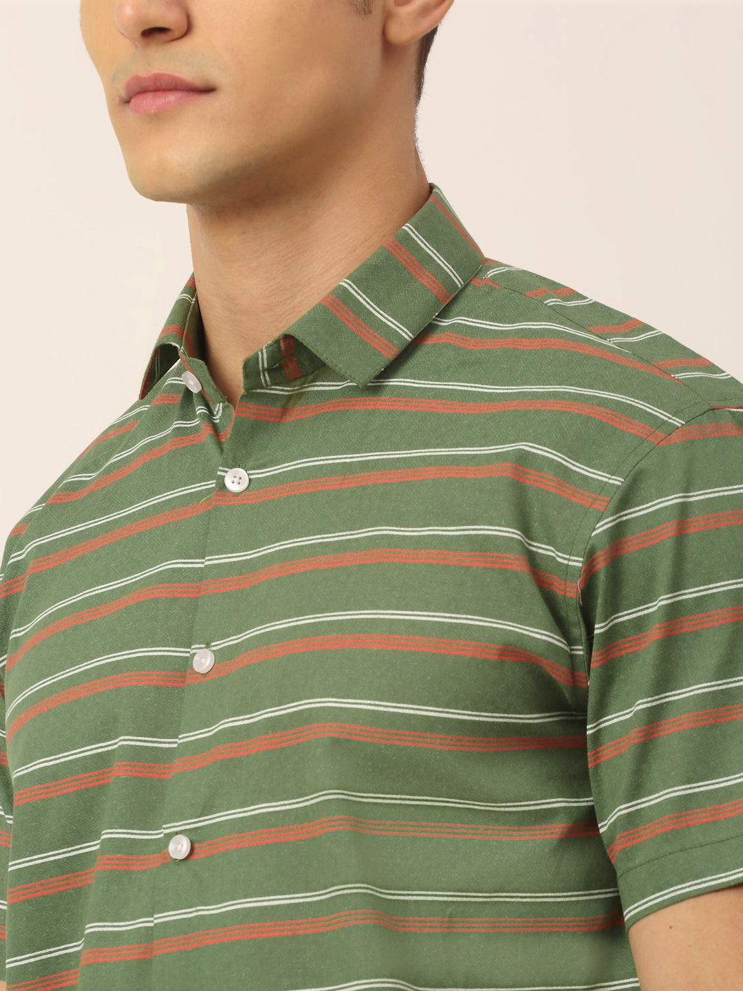 Indian Needle Men's Cotton Striped Half Sleeve Formal Shirts ( SF 816Olive )