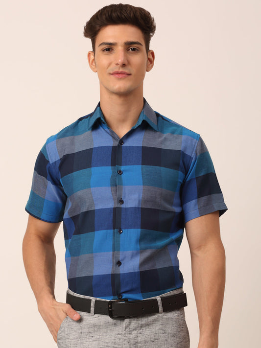 Indian Needle Men's Cotton Checked Half Sleeve Formal Shirts ( SF 817Blue )