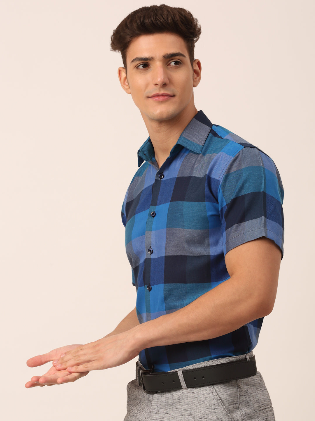 Indian Needle Men's Cotton Checked Half Sleeve Formal Shirts ( SF 817Blue )