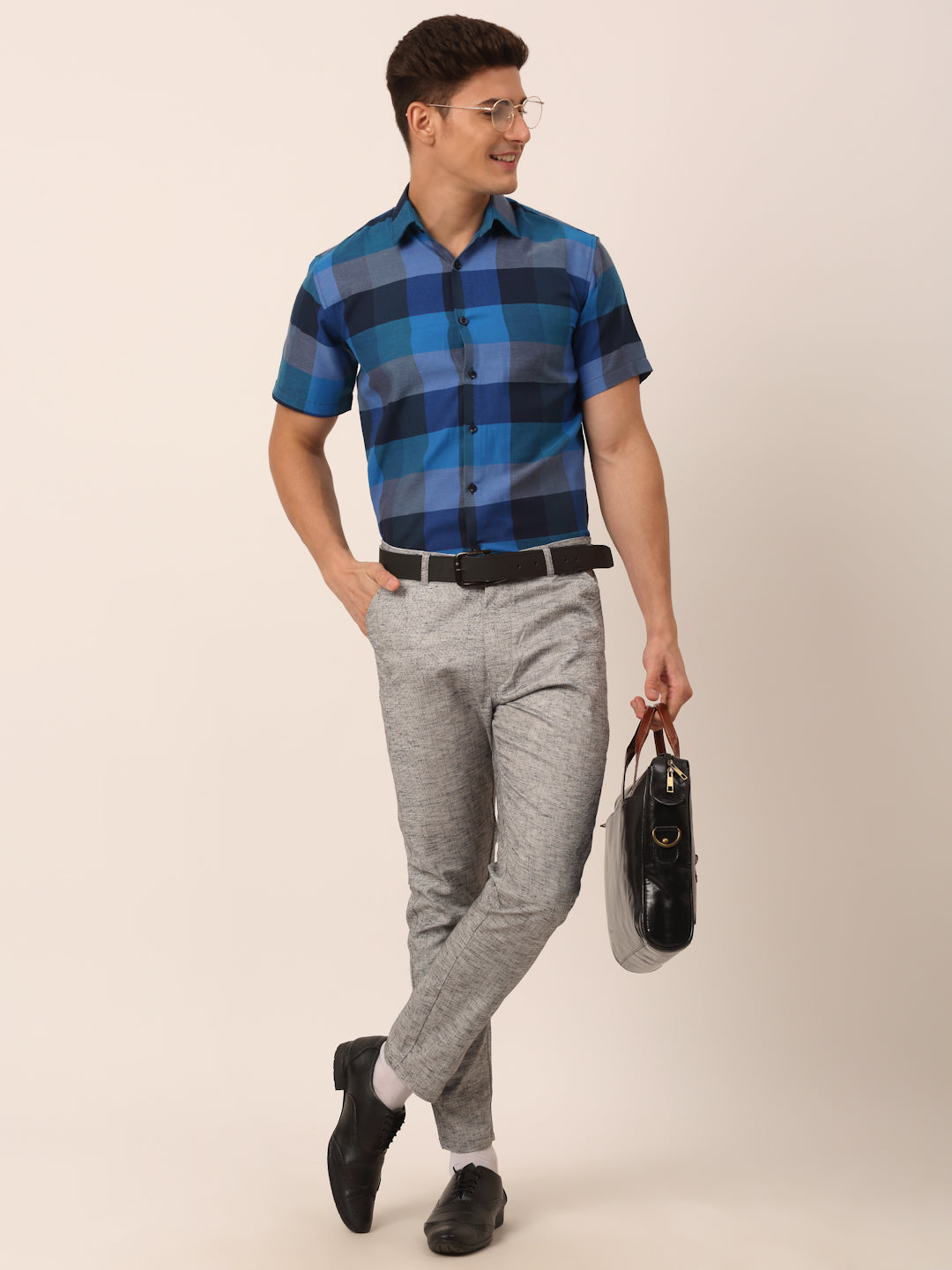 Indian Needle Men's Cotton Checked Half Sleeve Formal Shirts ( SF 817Blue )