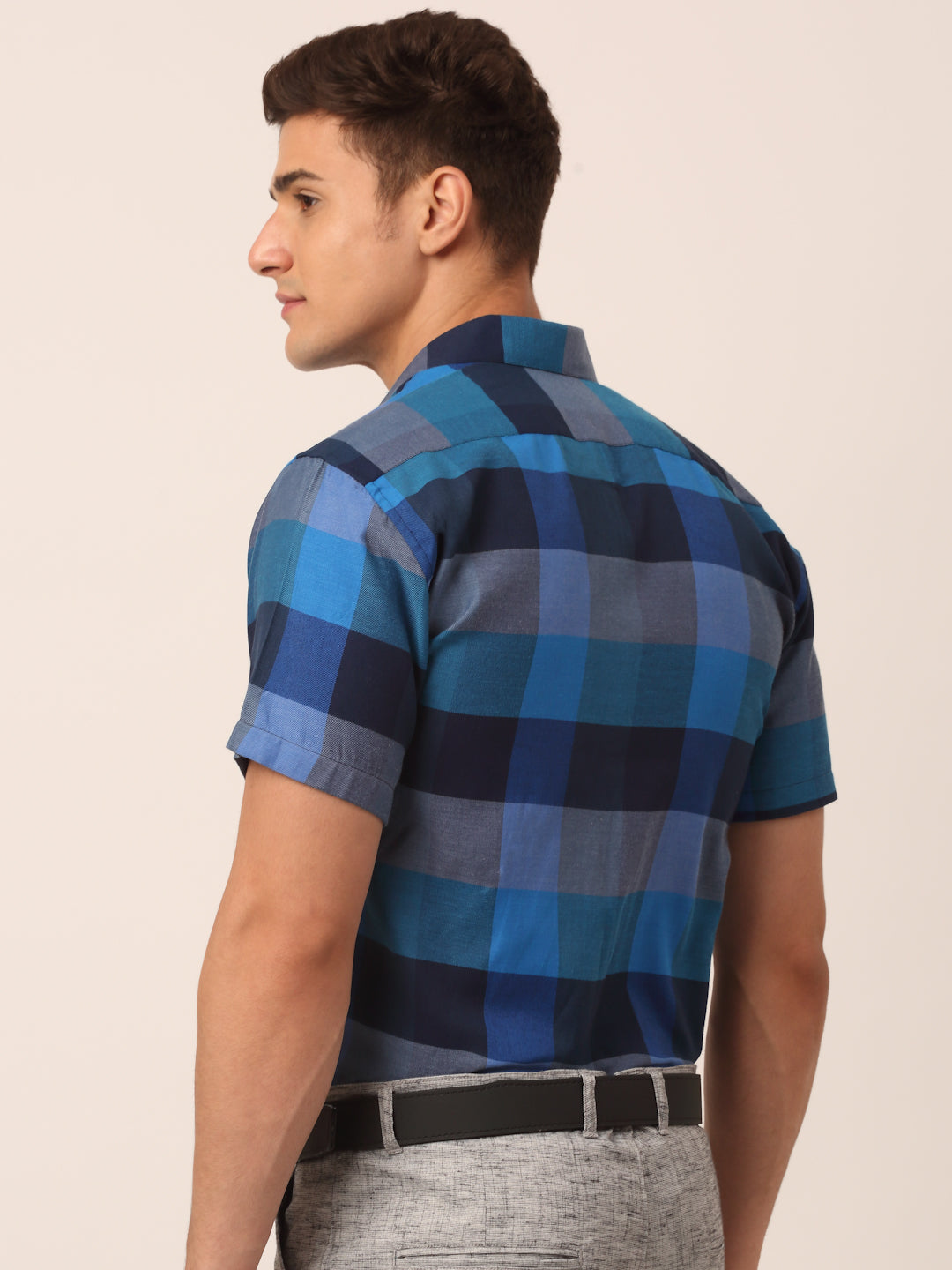 Indian Needle Men's Cotton Checked Half Sleeve Formal Shirts ( SF 817Blue )