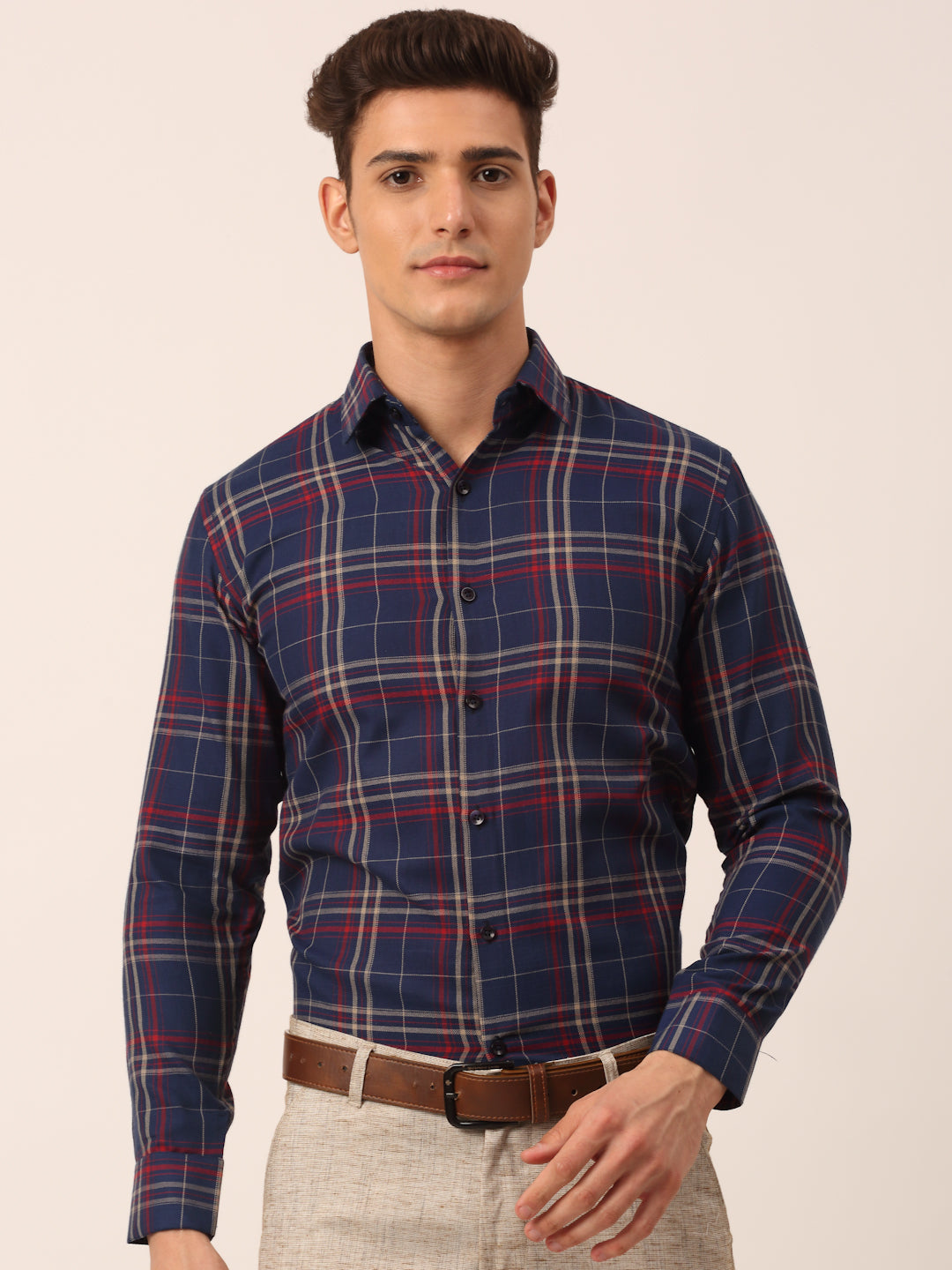 Indian Needle Men's Cotton Checked Formal Shirts ( SF 819Navy )
