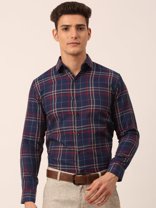 Indian Needle Men's Cotton Checked Formal Shirts ( SF 819Navy )