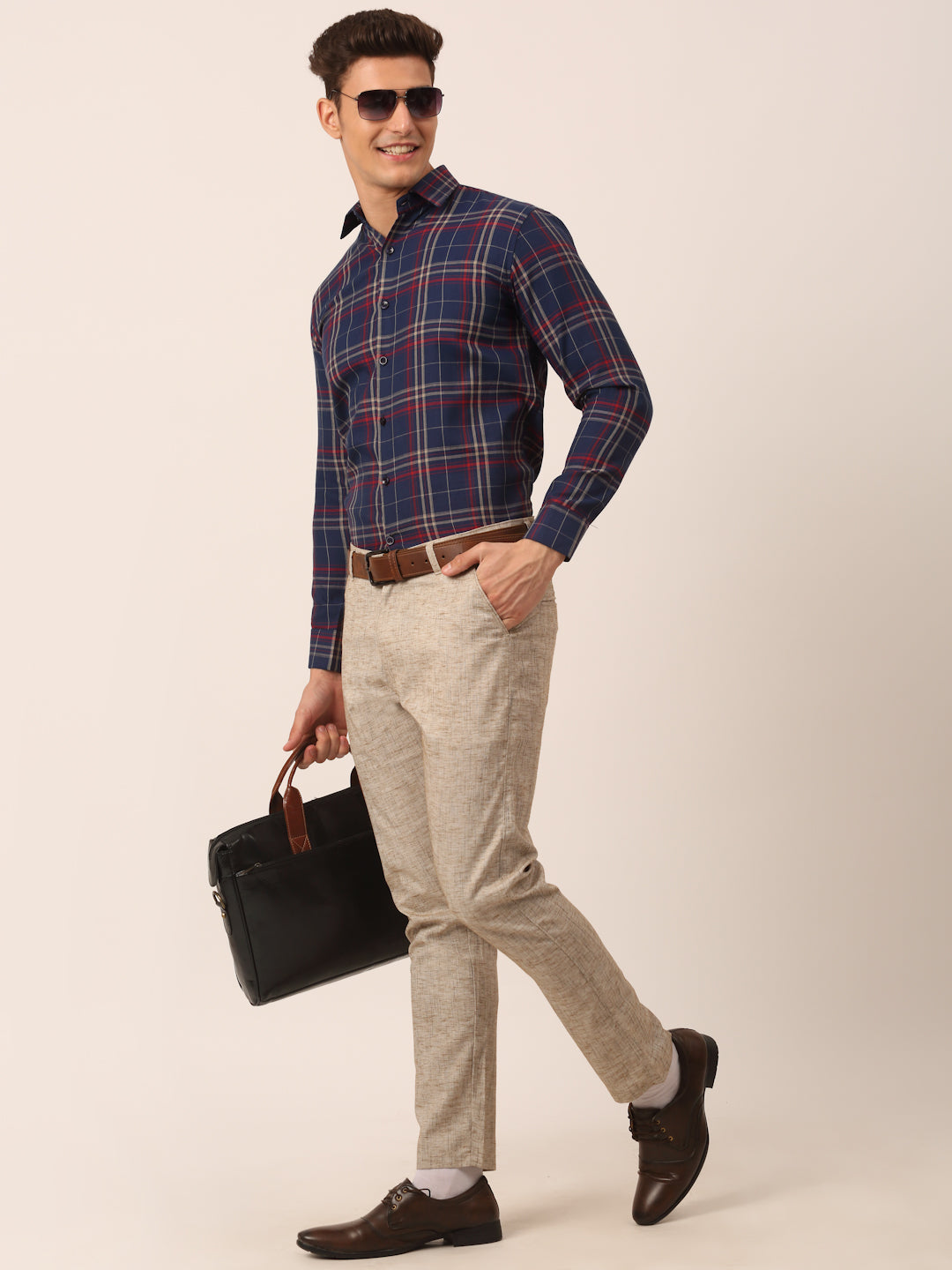 Indian Needle Men's Cotton Checked Formal Shirts ( SF 819Navy )