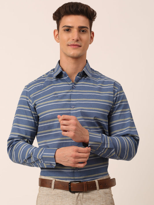 Indian Needle Men's  Cotton Striped Formal Shirts ( SF 820Blue )