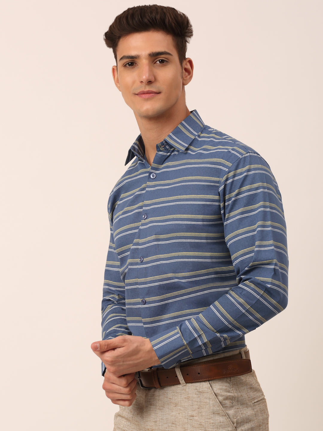 Indian Needle Men's  Cotton Striped Formal Shirts ( SF 820Blue )