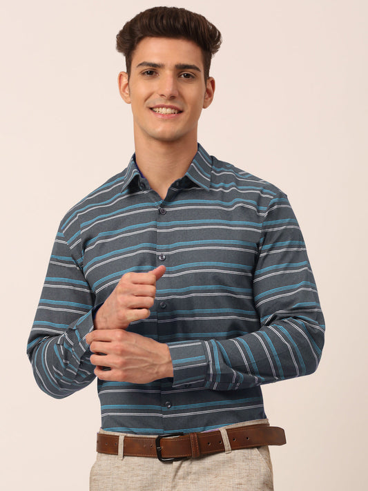 Indian Needle Men's  Cotton Striped Formal Shirts ( SF 820Grey )
