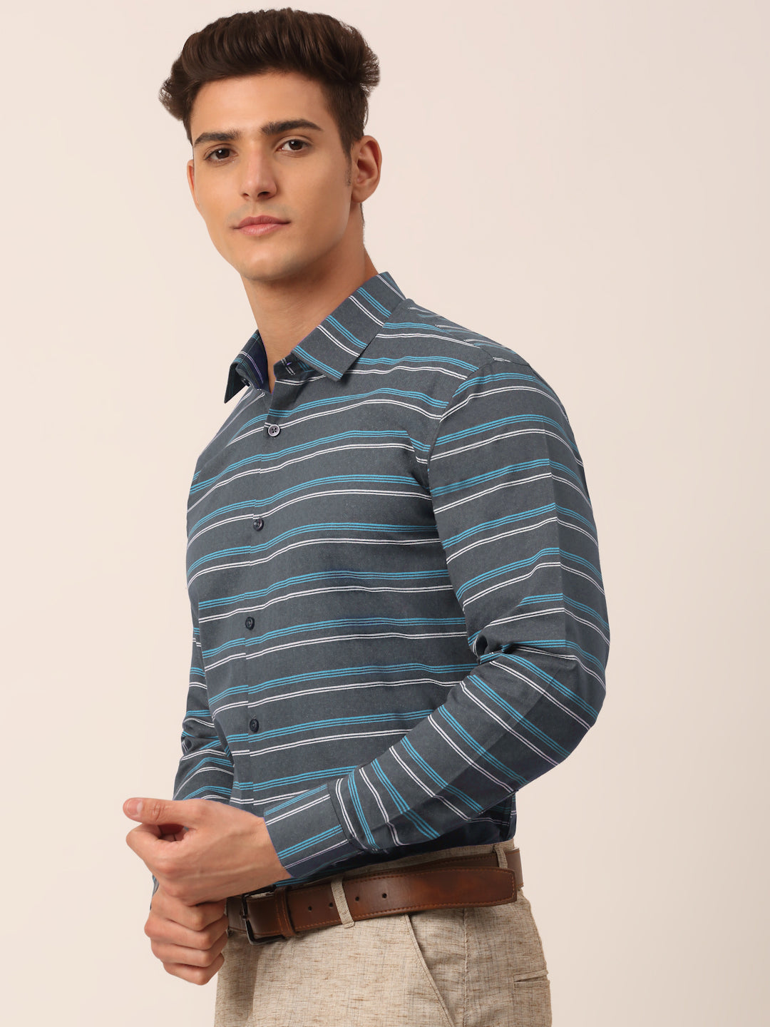 Indian Needle Men's  Cotton Striped Formal Shirts ( SF 820Grey )