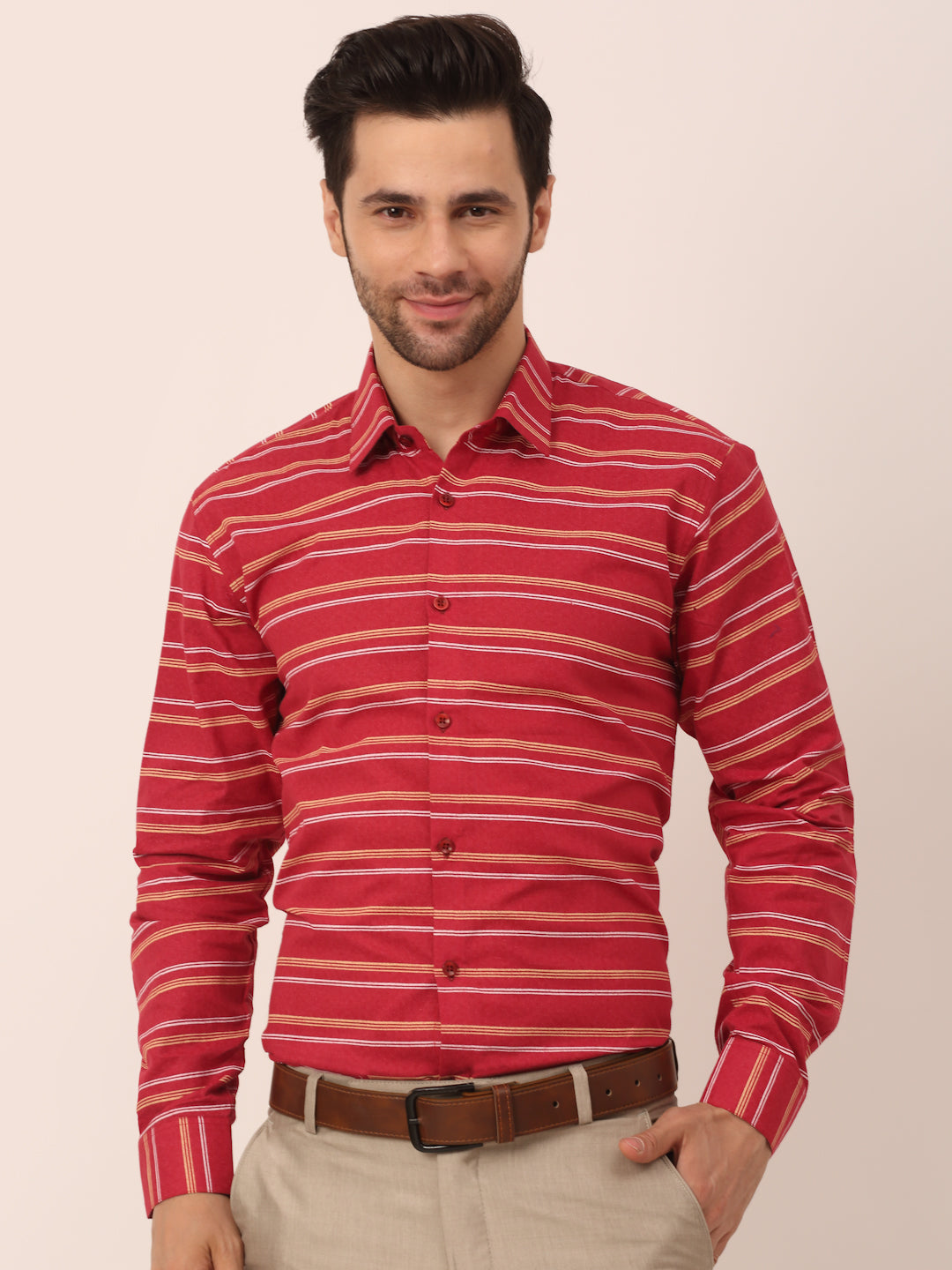 Indian Needle Men's  Cotton Striped Formal Shirts ( SF 820Maroon )