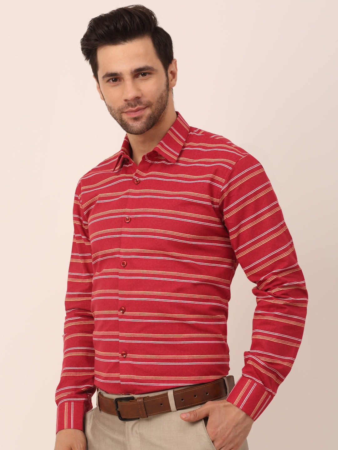 Indian Needle Men's  Cotton Striped Formal Shirts ( SF 820Maroon )