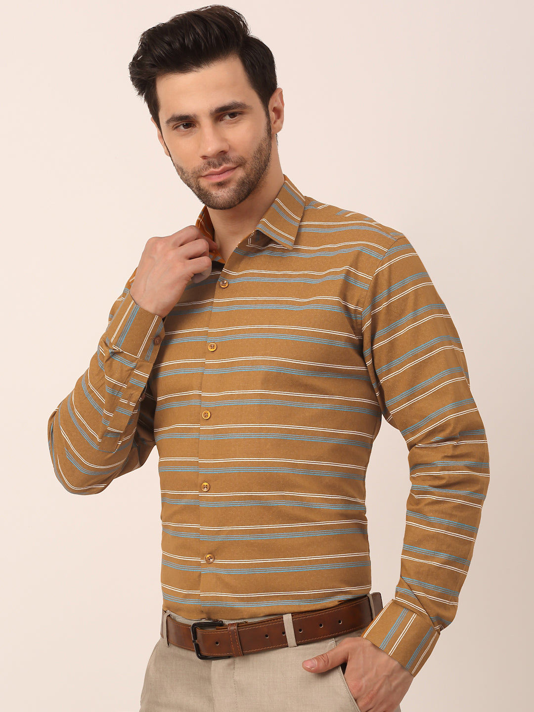 Indian Needle Men's  Cotton Striped Formal Shirts ( SF 820Mustard )