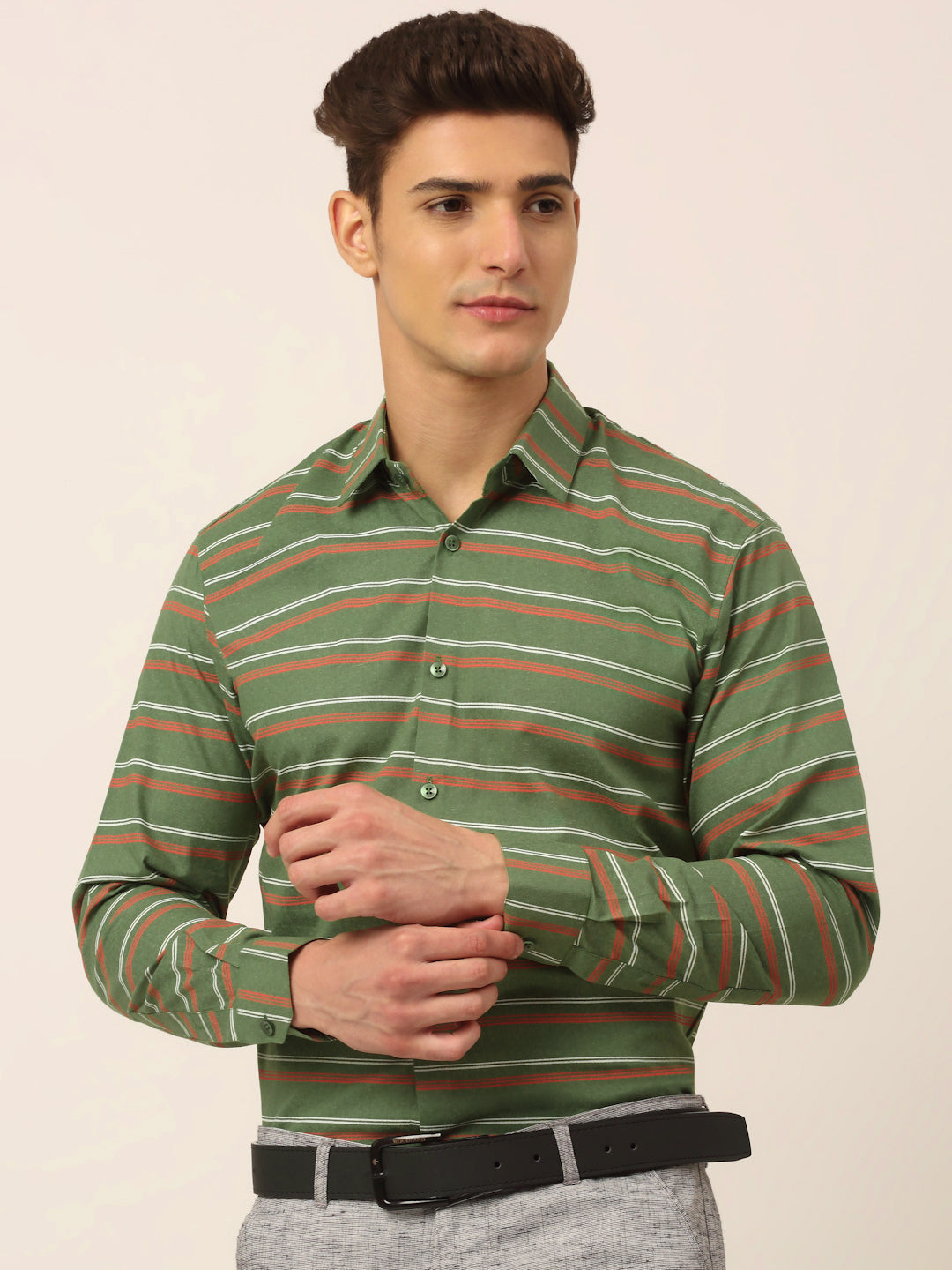 Indian Needle Men's  Cotton Striped Formal Shirts ( SF 820Olive )