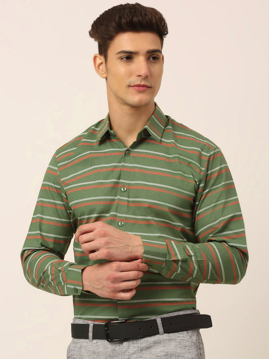 Indian Needle Men's  Cotton Striped Formal Shirts ( SF 820Olive )