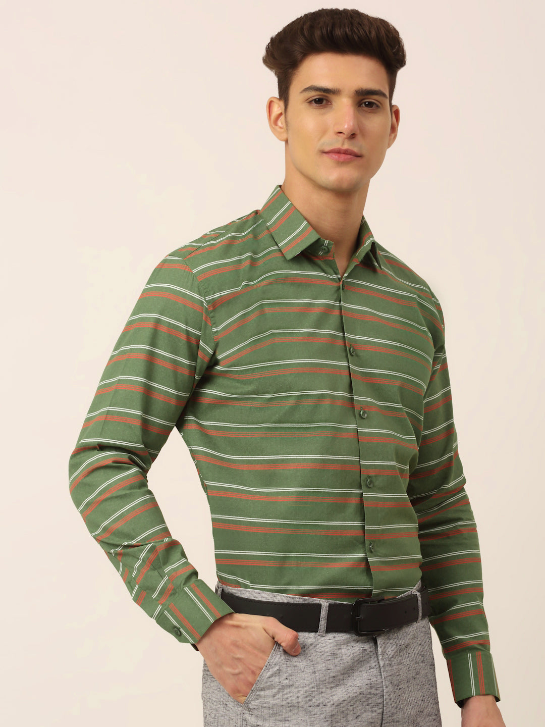 Indian Needle Men's  Cotton Striped Formal Shirts ( SF 820Olive )