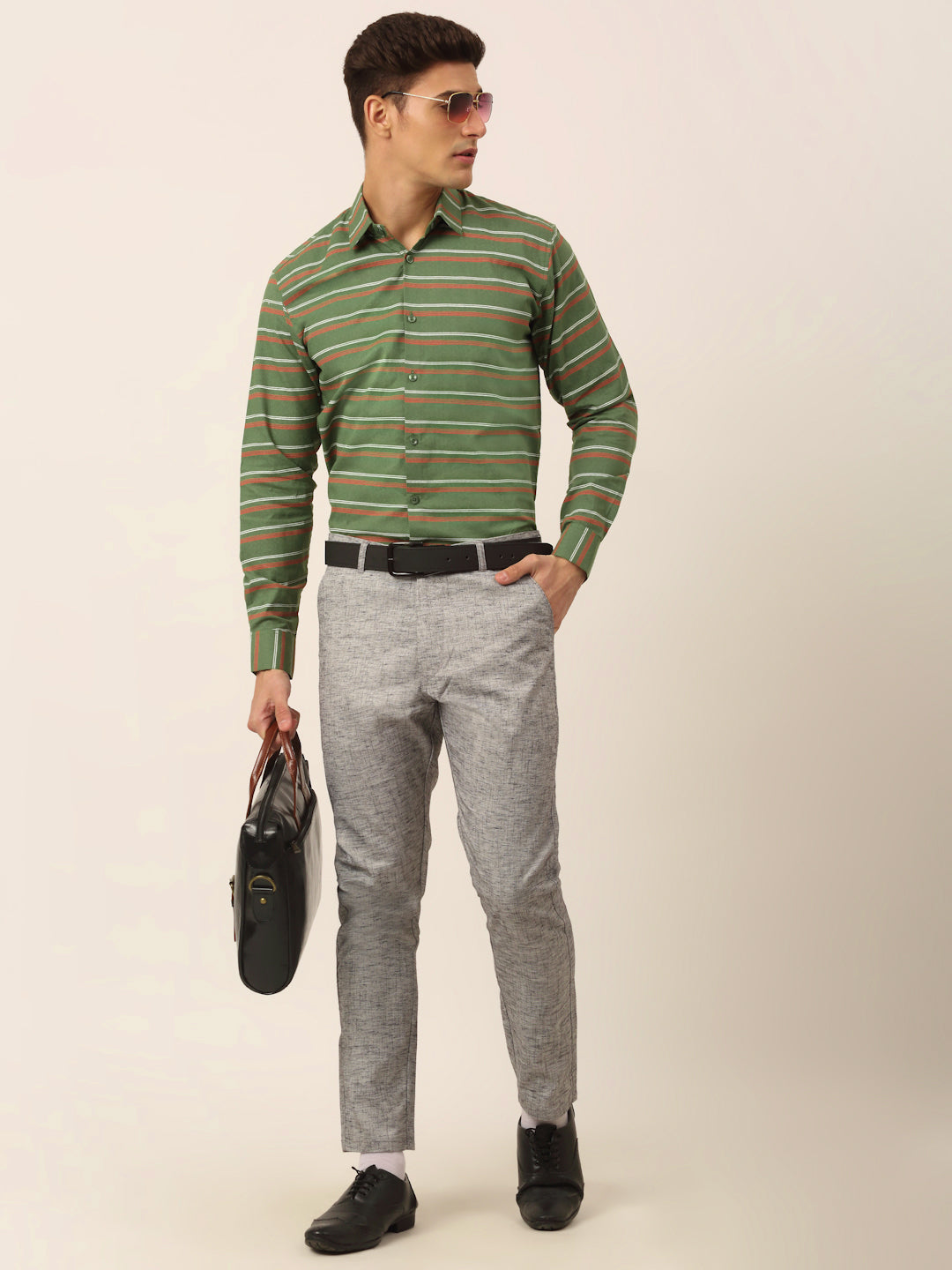 Indian Needle Men's  Cotton Striped Formal Shirts ( SF 820Olive )