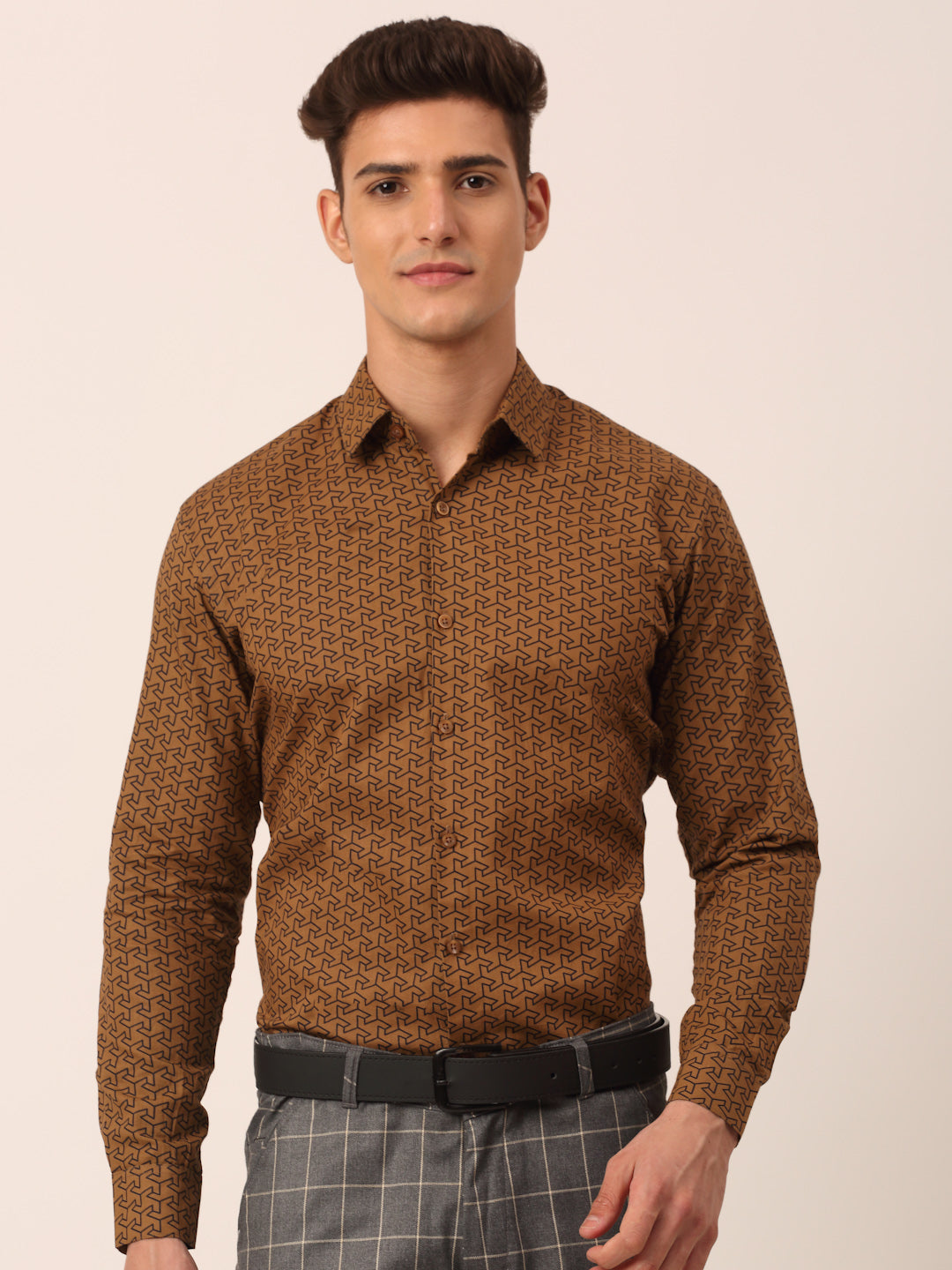 Indian Needle Men's  Cotton Printed Formal Shirts ( SF 821Beige )