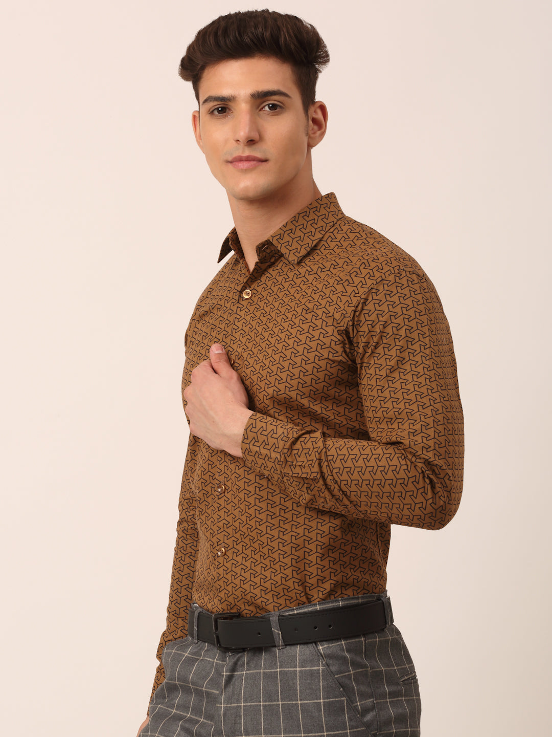 Indian Needle Men's  Cotton Printed Formal Shirts ( SF 821Beige )