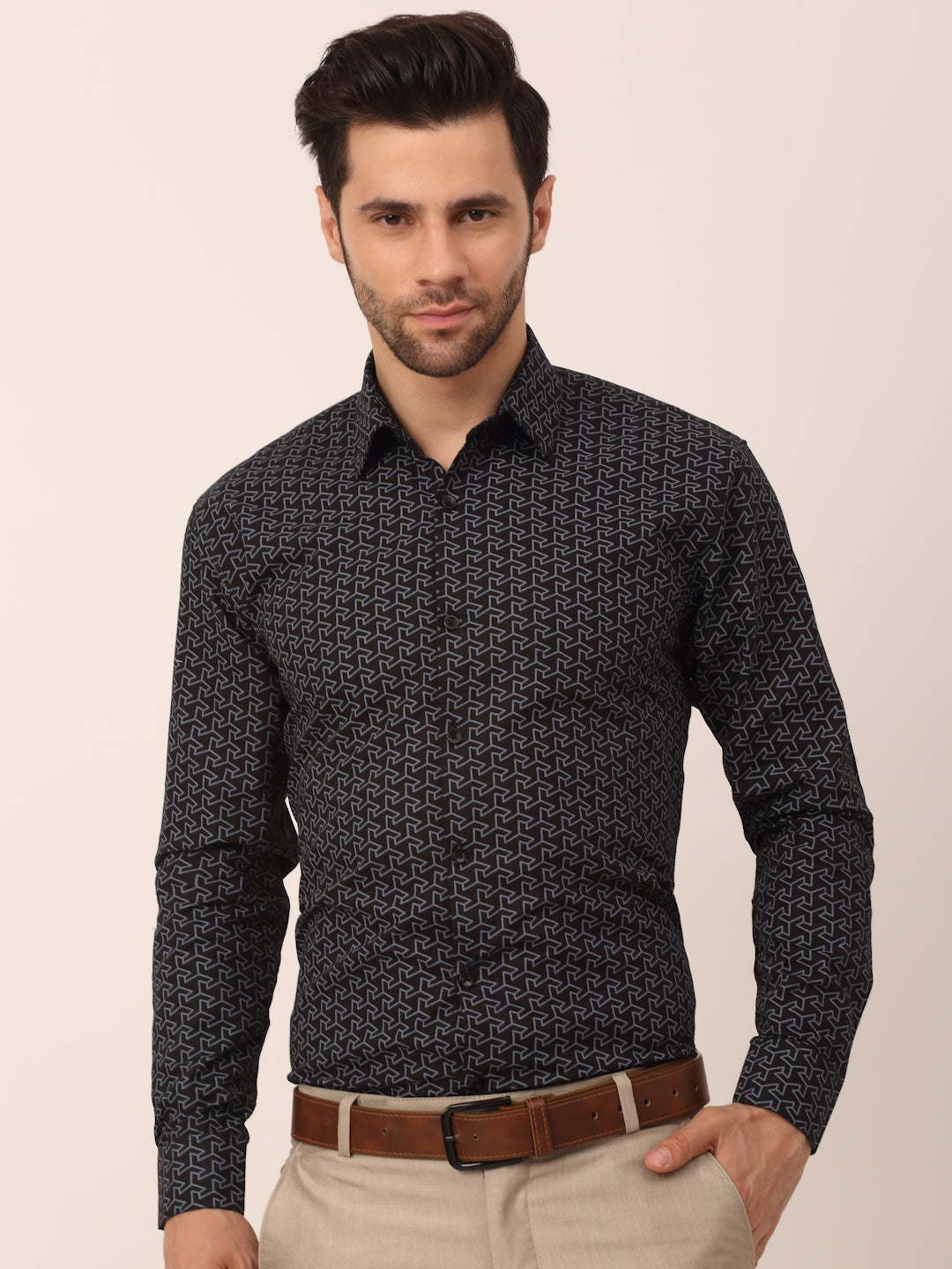 Indian Needle Men's  Cotton Printed Formal Shirts ( SF 821Black )