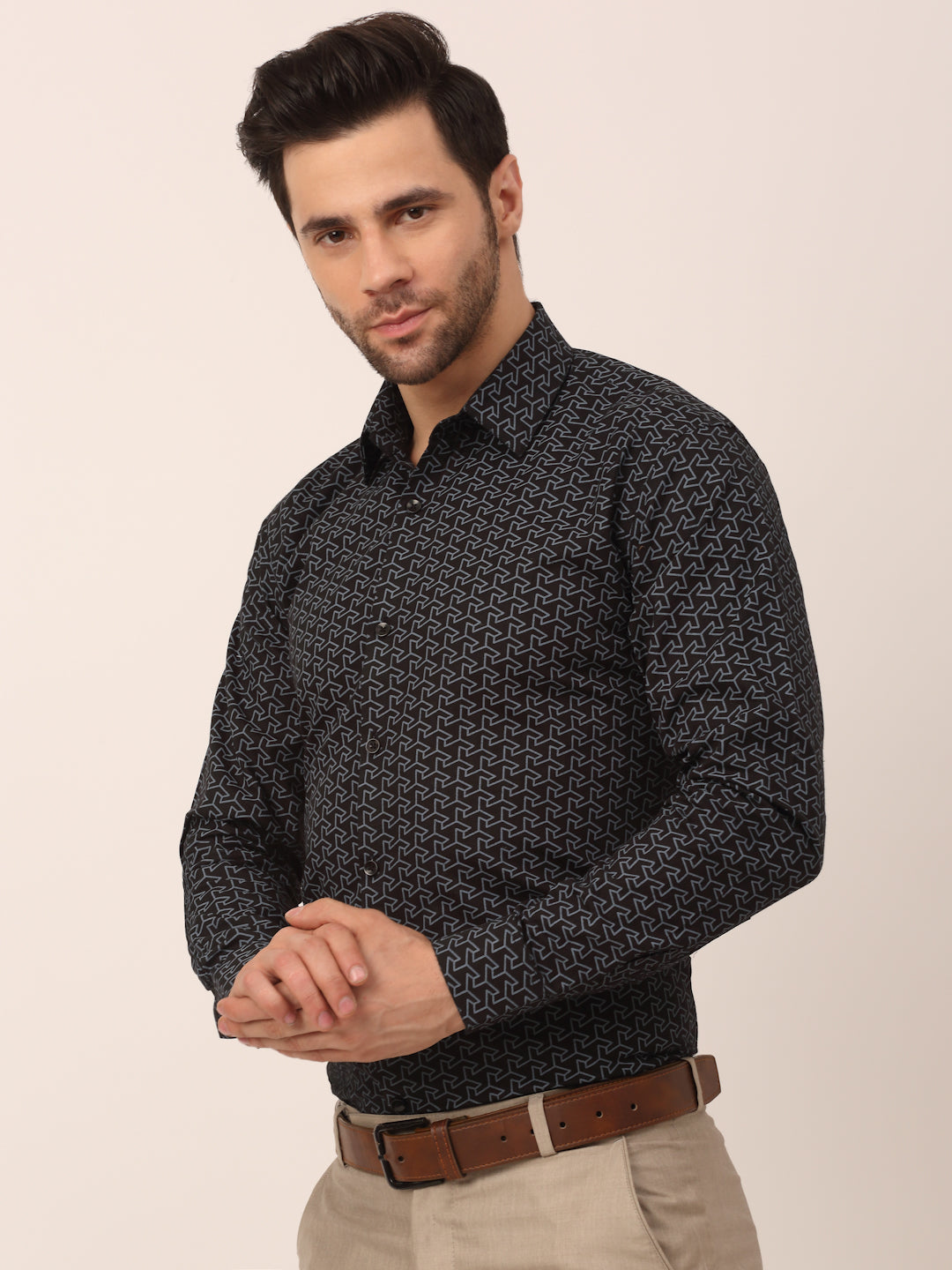 Indian Needle Men's  Cotton Printed Formal Shirts ( SF 821Black )