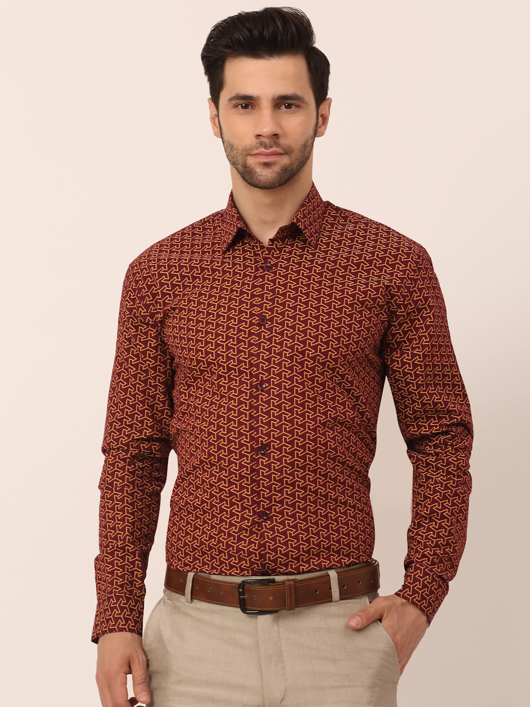 Indian Needle Men's  Cotton Printed Formal Shirts ( SF 821Brown )