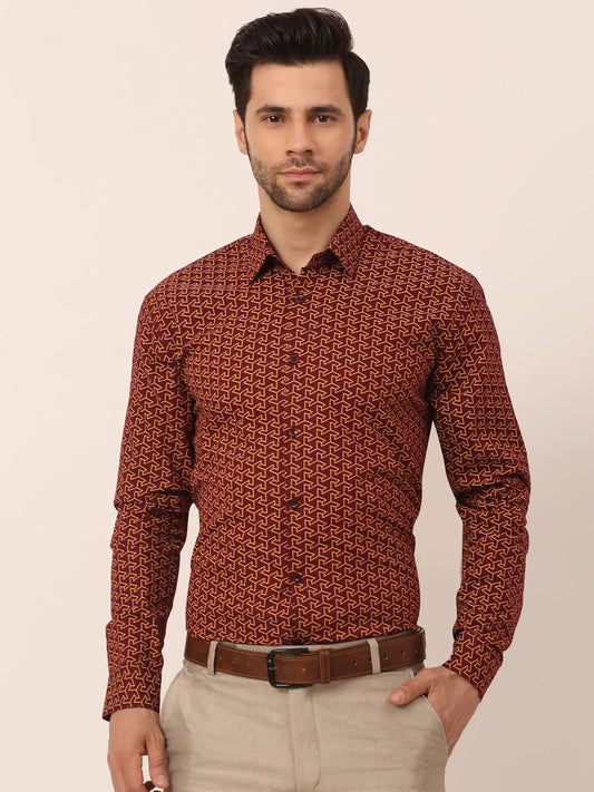 Indian Needle Men's  Cotton Printed Formal Shirts ( SF 821Brown )