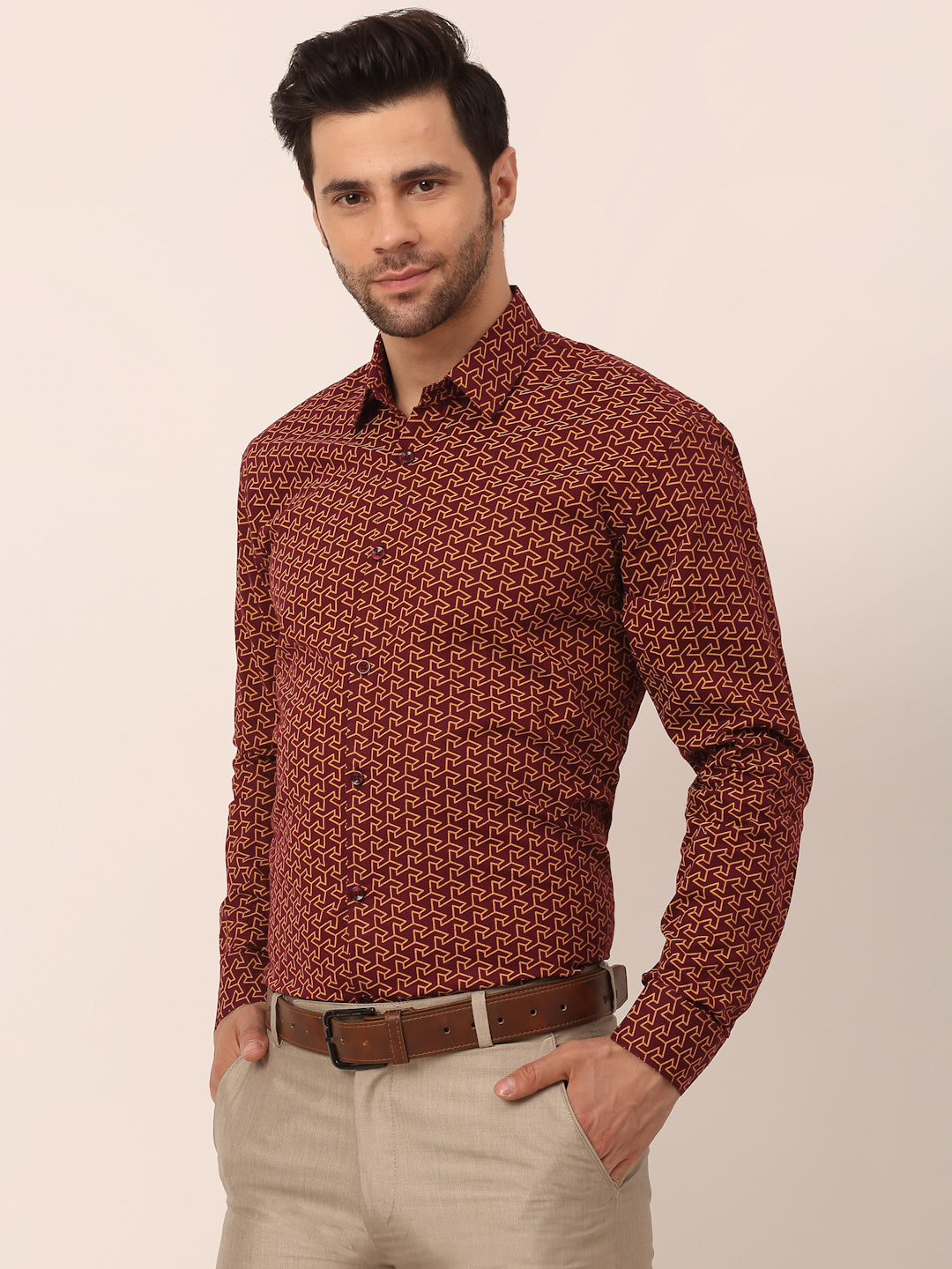 Indian Needle Men's  Cotton Printed Formal Shirts ( SF 821Brown )