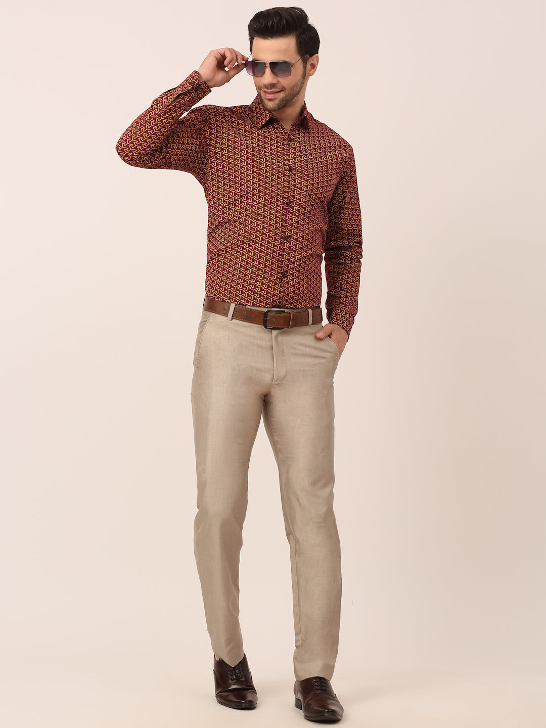 Indian Needle Men's  Cotton Printed Formal Shirts ( SF 821Brown )