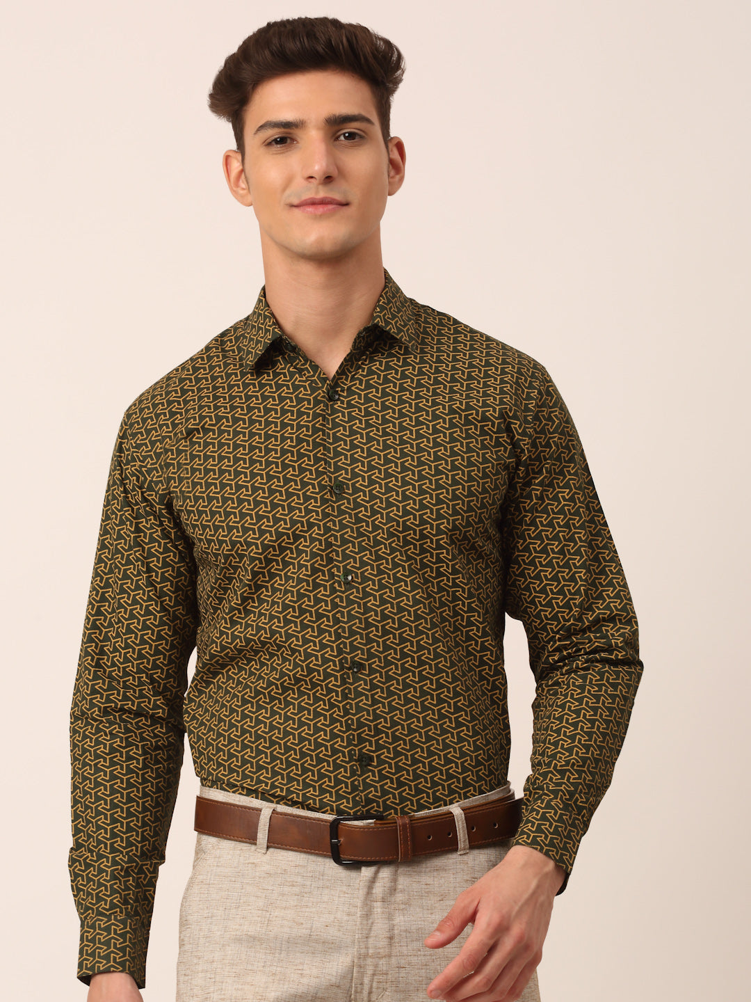 Indian Needle Men's  Cotton Printed Formal Shirts ( SF 821Olive )
