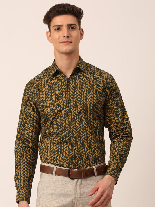 Indian Needle Men's  Cotton Printed Formal Shirts ( SF 821Olive )