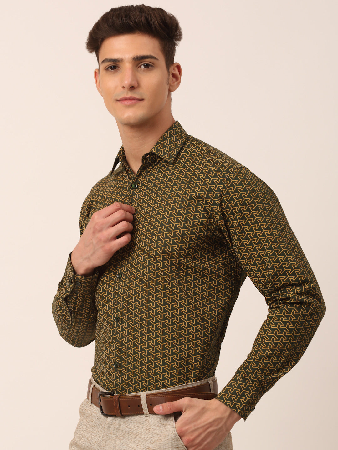 Indian Needle Men's  Cotton Printed Formal Shirts ( SF 821Olive )