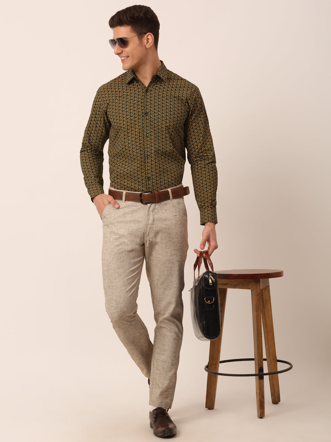Indian Needle Men's  Cotton Printed Formal Shirts ( SF 821Olive )