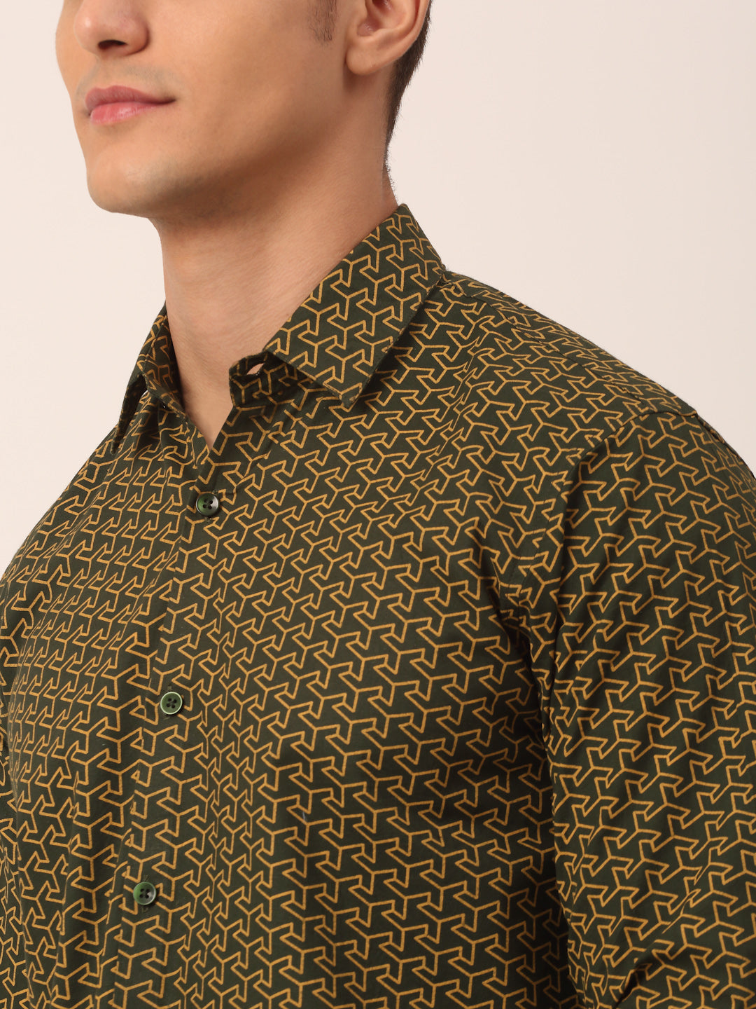 Indian Needle Men's  Cotton Printed Formal Shirts ( SF 821Olive )