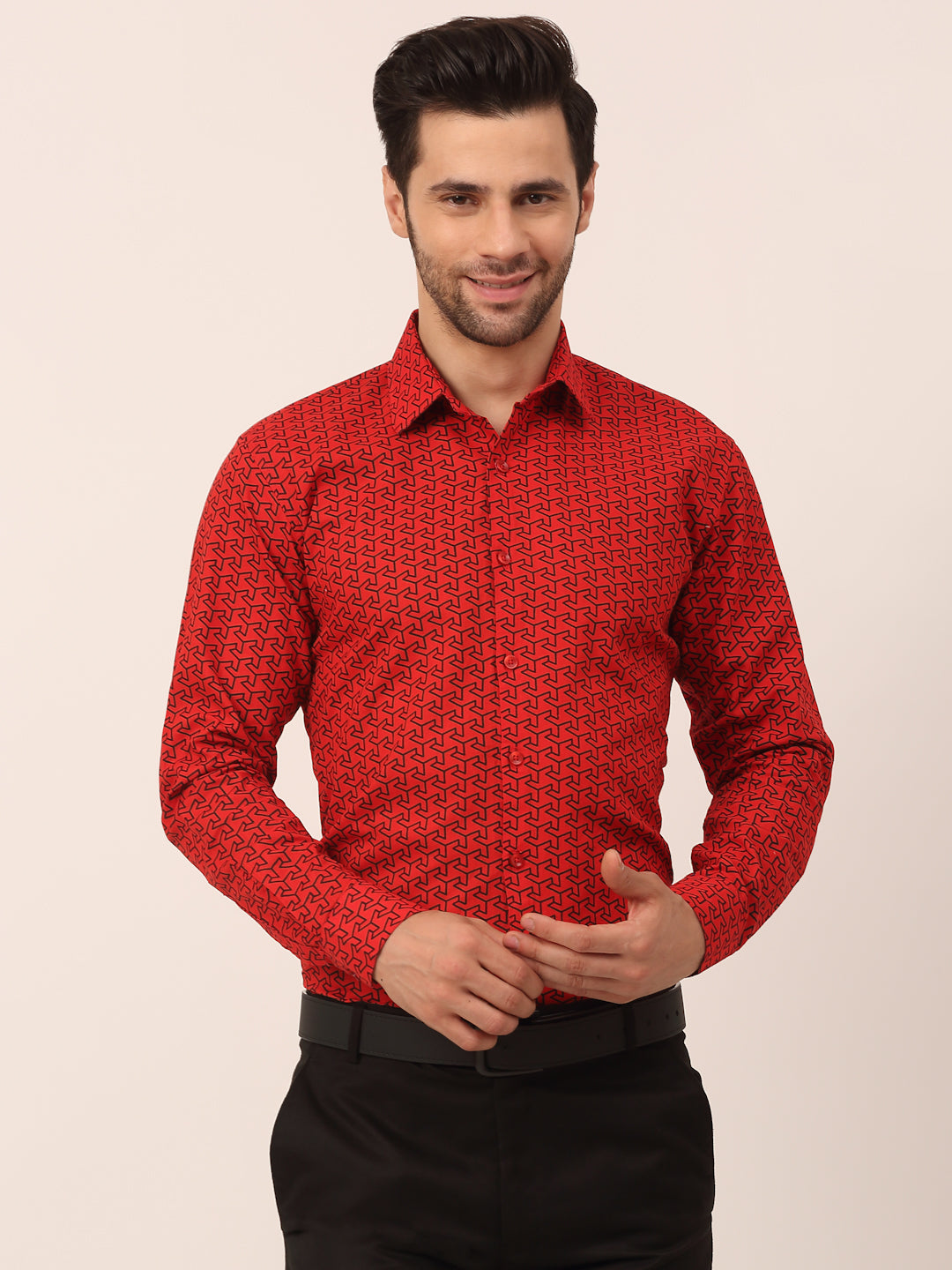 Indian Needle Men's  Cotton Printed Formal Shirts ( SF 821Red )