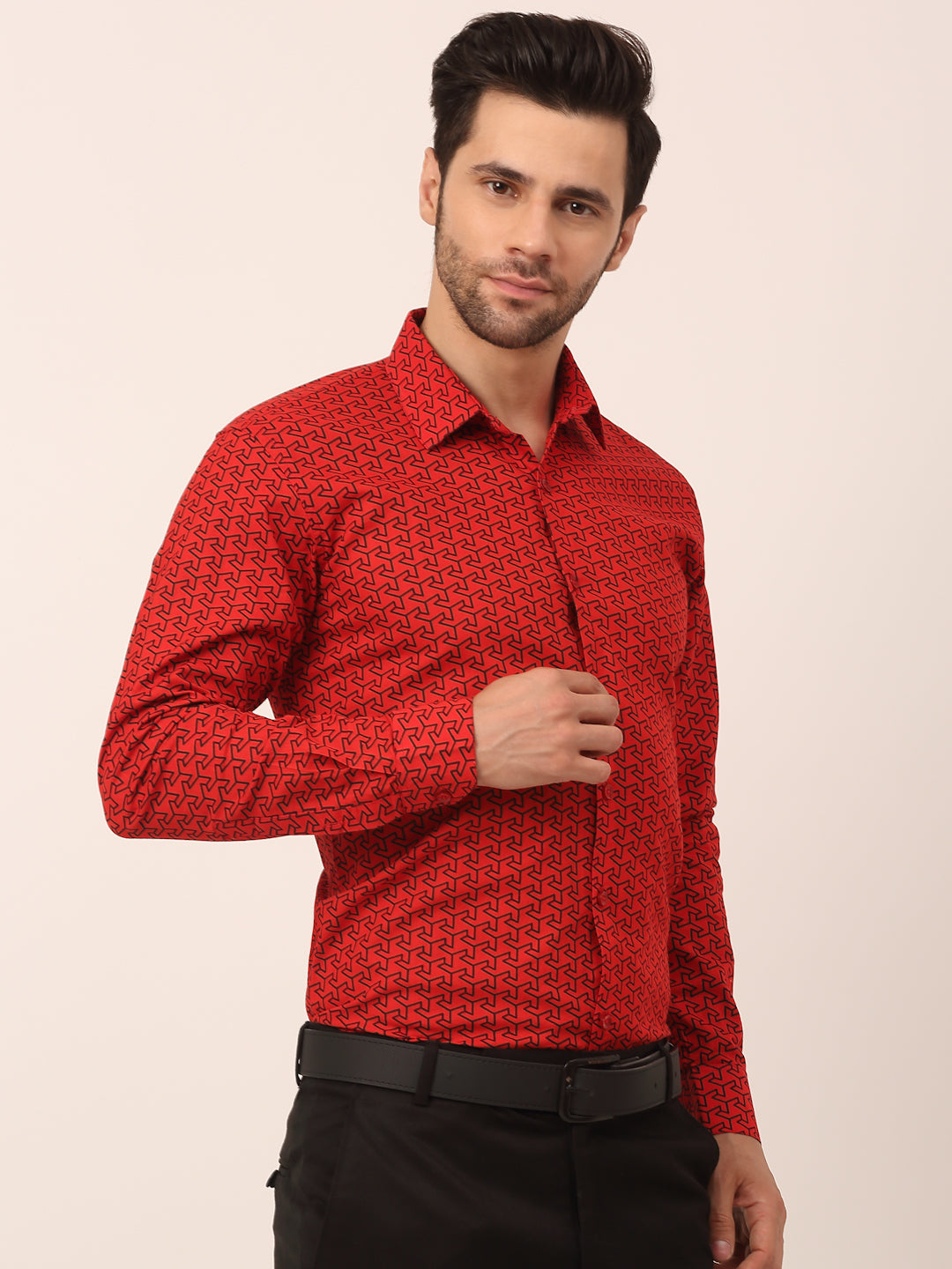 Indian Needle Men's  Cotton Printed Formal Shirts ( SF 821Red )
