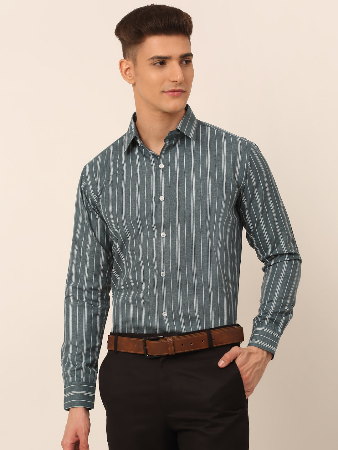 Men Grey & White Classic Striped Formal Shirt