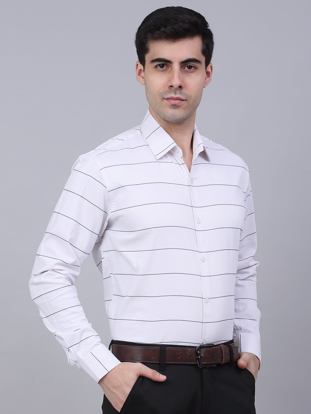 Men's White Horizontal Striped Formal Shirt