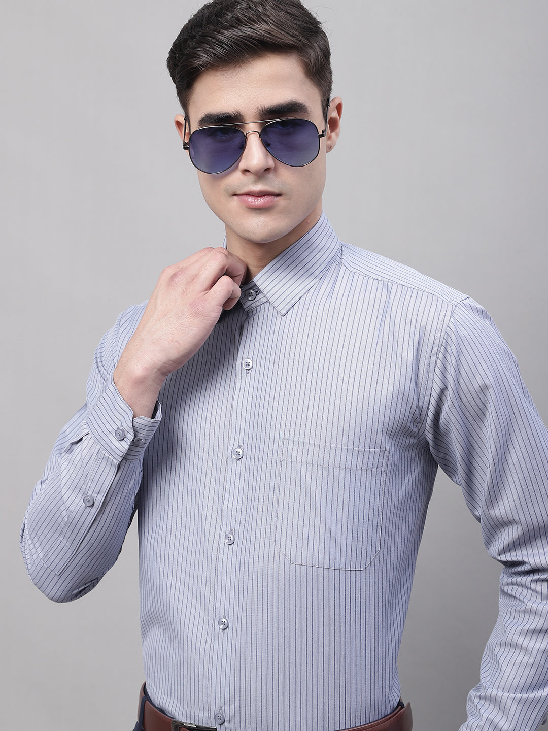 Men Grey Vertical Striped Formal Shirt