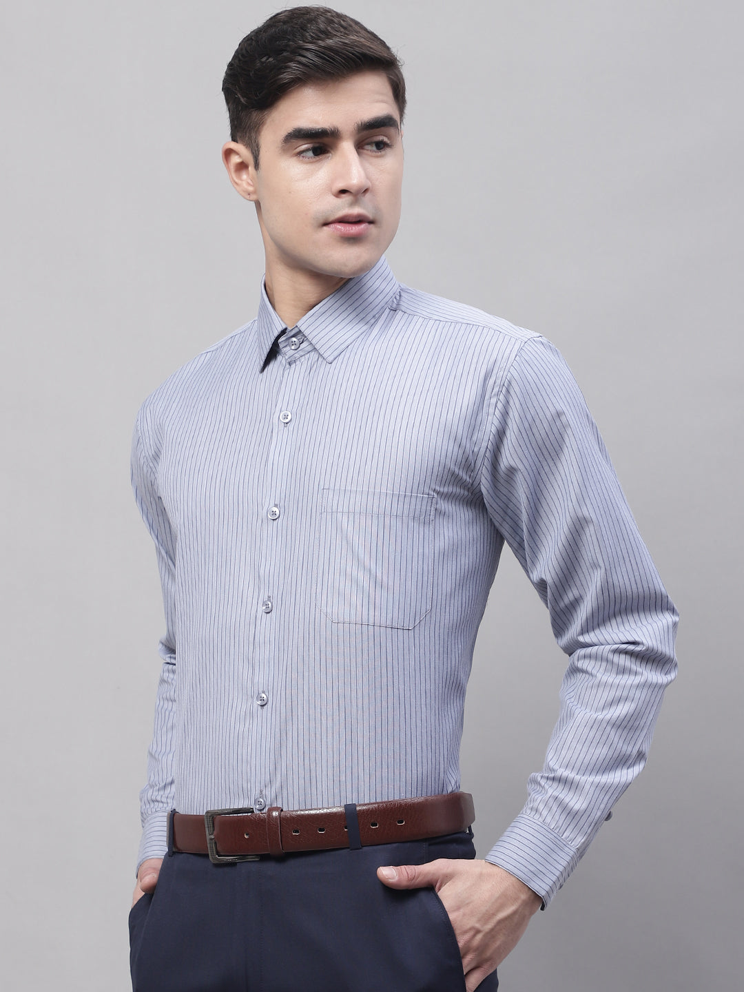 Men Grey Vertical Striped Formal Shirt