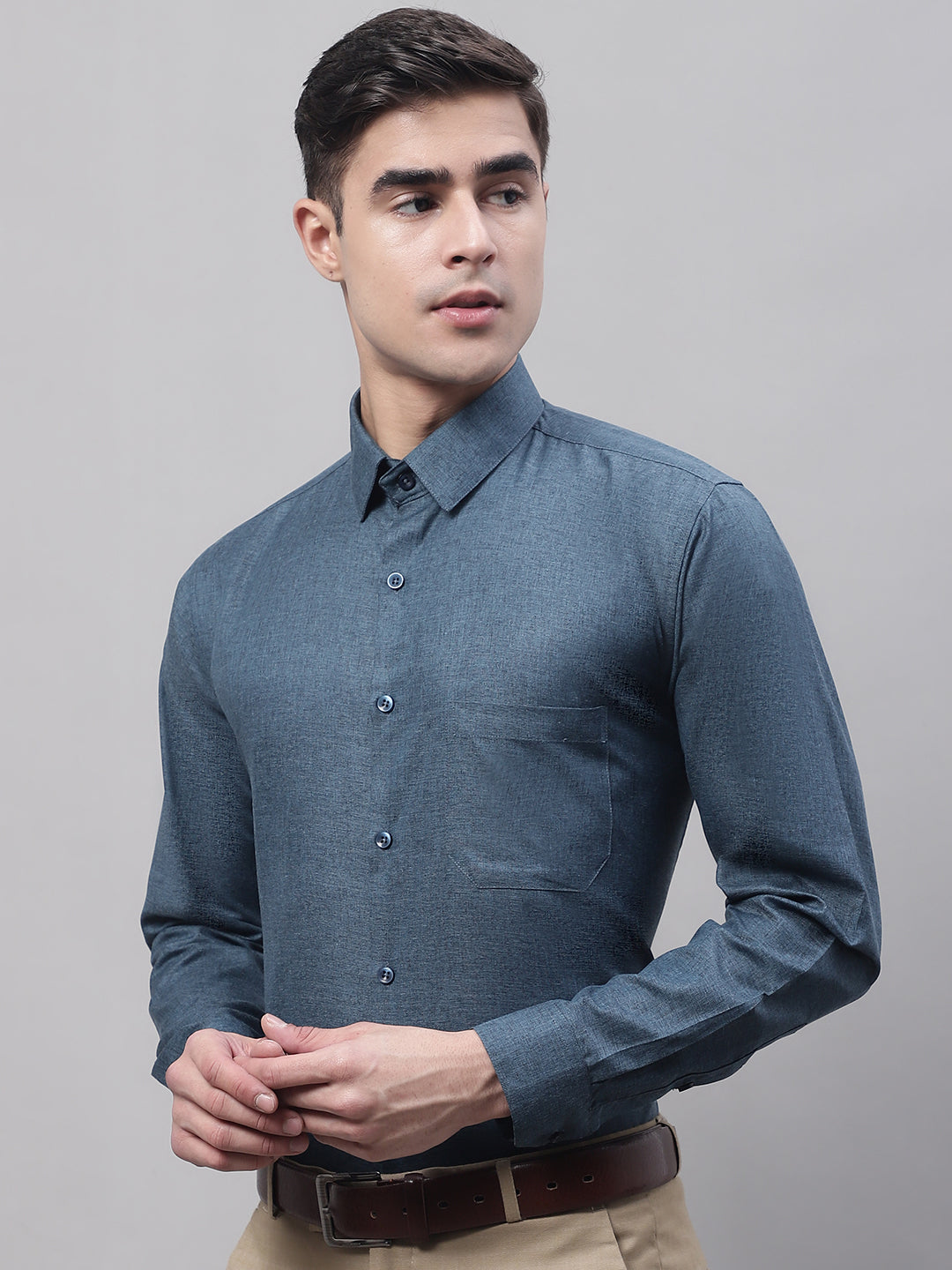 Men's Teal Blue Cotton Solid Formal Shirt