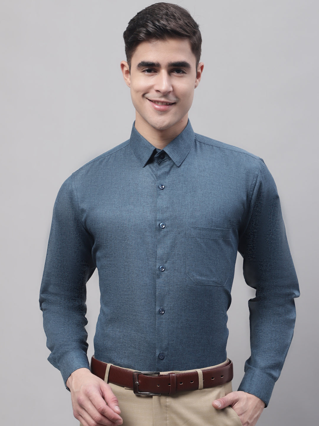 Men's Teal Blue Cotton Solid Formal Shirt